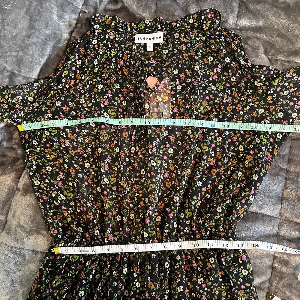 Sugarhigh Juniors Small Tiered Sheer Ditsy Floral Black Mini Dress Boho Prairie - Picture 11 of 14